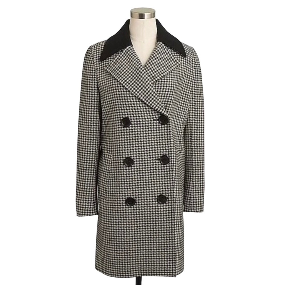 J. Crew Black and White Houndstooth Wool Blend Double-Breasted Coat